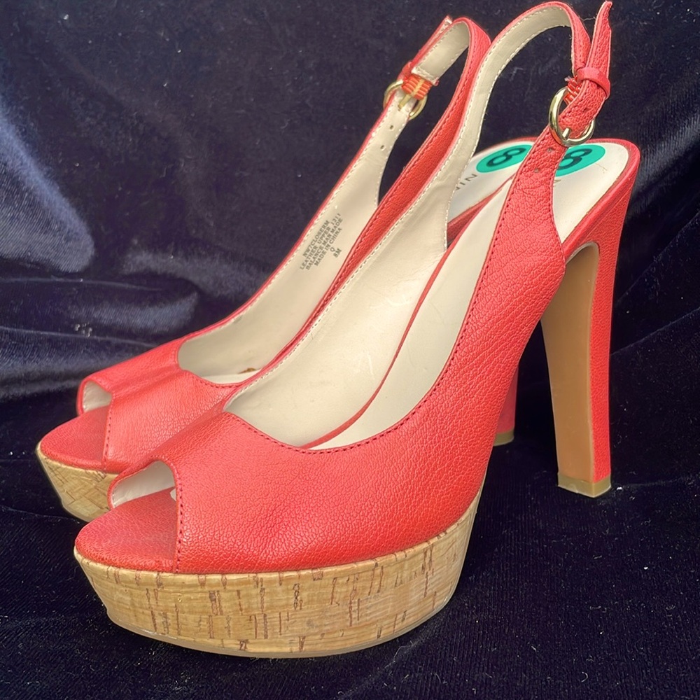 NINE WEST LEATHER PEACH PEEP TOE HIGH HEEL SANDALS - 8 - NEW ! 🍑🧡🔥 - Picture 3 of 13